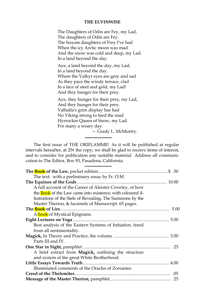 Original scan of The Oriflamme, Vol. I, No. I, PDF page 7