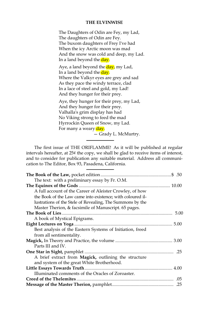 Original scan of The Oriflamme, Vol. I, No. I, PDF page 7