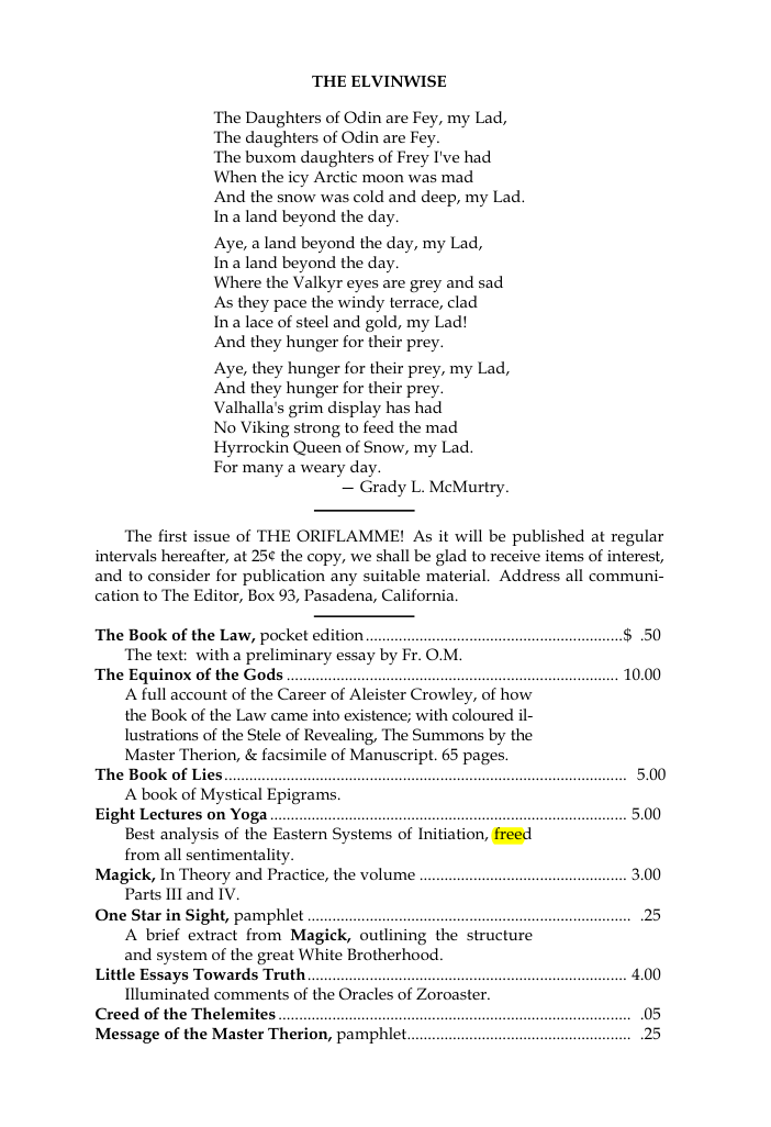 Original scan of The Oriflamme, Vol. I, No. I, PDF page 7