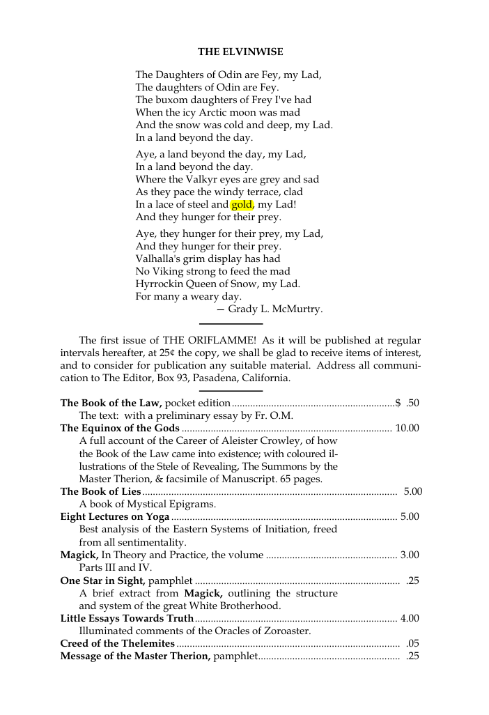 Original scan of The Oriflamme, Vol. I, No. I, PDF page 7