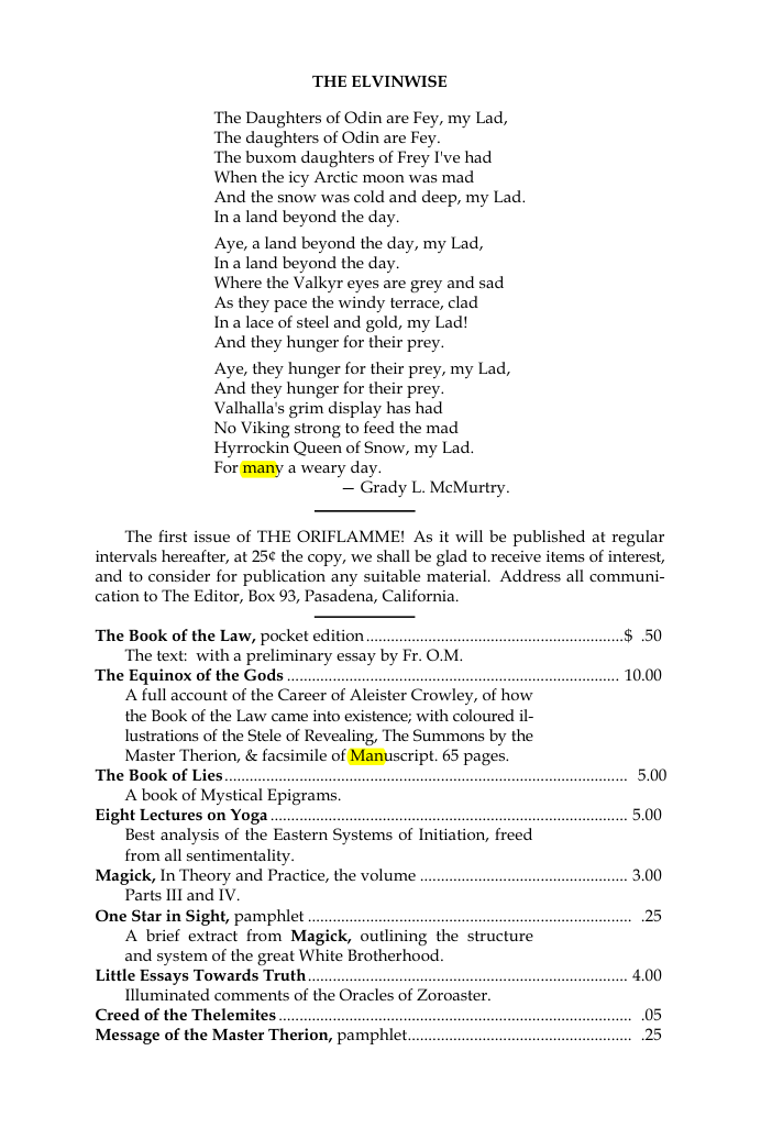 Original scan of The Oriflamme, Vol. I, No. I, PDF page 7