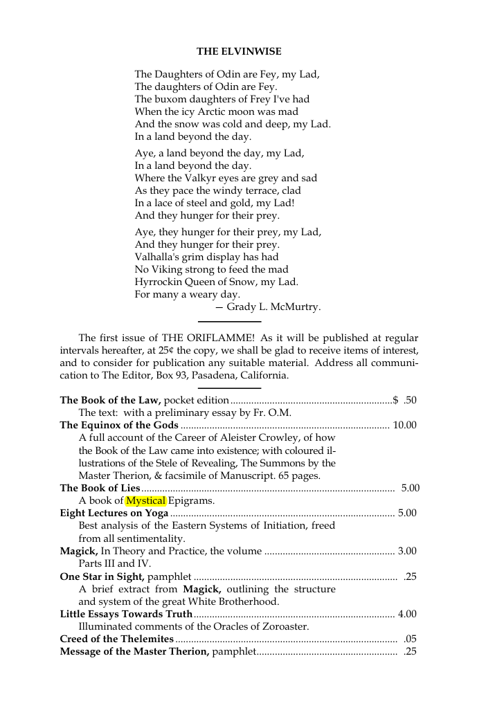 Original scan of The Oriflamme, Vol. I, No. I, PDF page 7