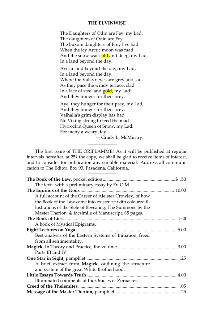 Original scan of The Oriflamme, Vol. I, No. I, PDF page 7