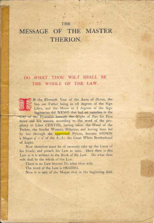 Original scan of The Message of the Master Therion, PDF page 1