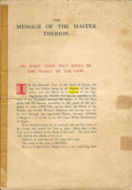 Original scan of The Message of the Master Therion, PDF page 1
