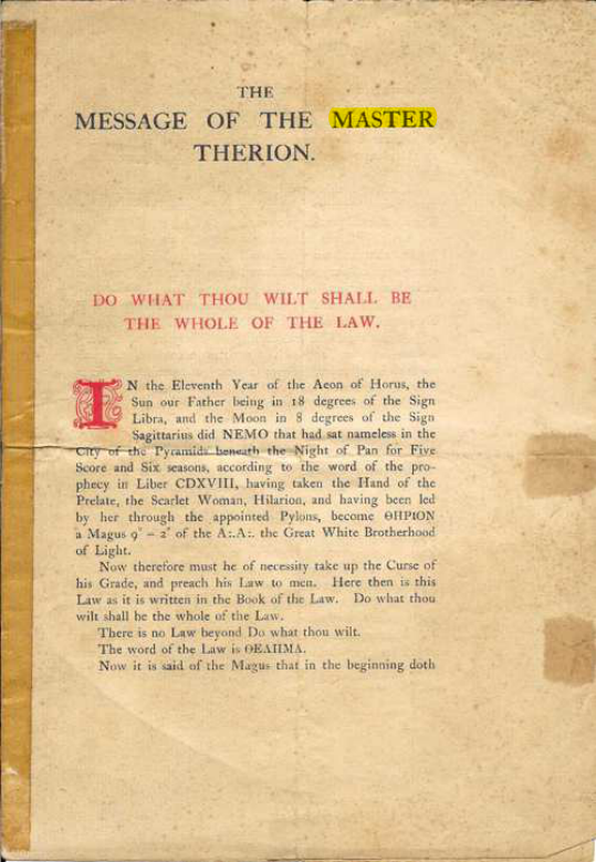 Original scan of The Message of the Master Therion, PDF page 1