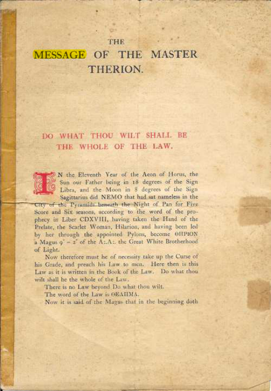 Original scan of The Message of the Master Therion, PDF page 1