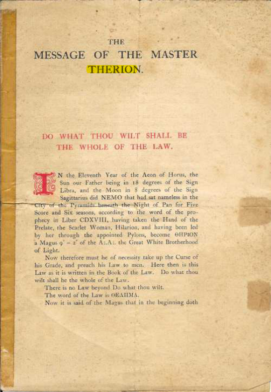 Original scan of The Message of the Master Therion, PDF page 1
